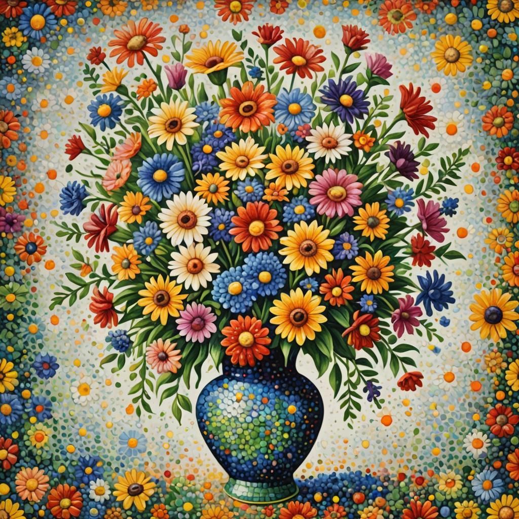 Pointillist Vase of Colorful Flowers