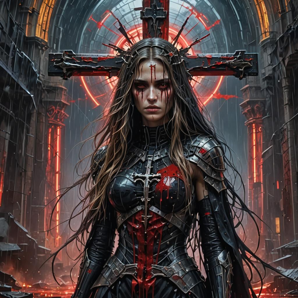 Cyborg Woman with Veil in Neon Cathedral