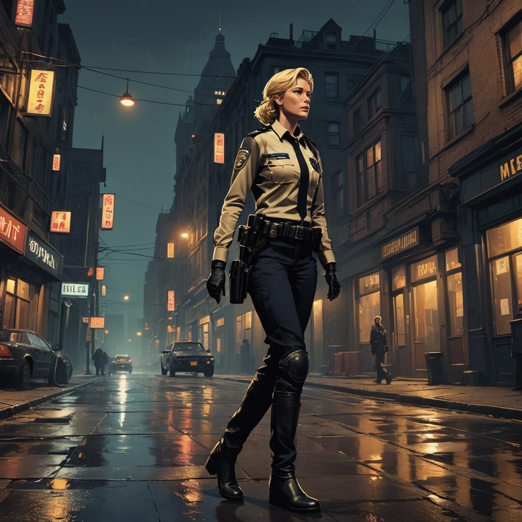 Noir Fantasy Police Woman in Dystopian Cityscape