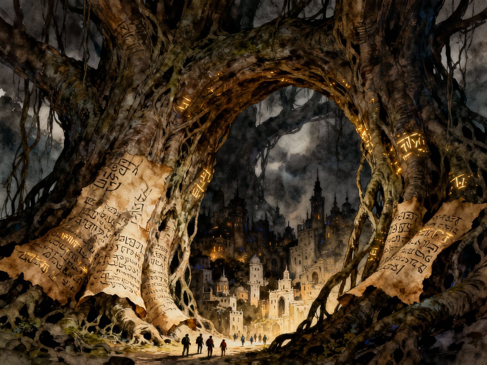 Ancient Tree City with Glowing Runes and Chiaroscuro Lightin...