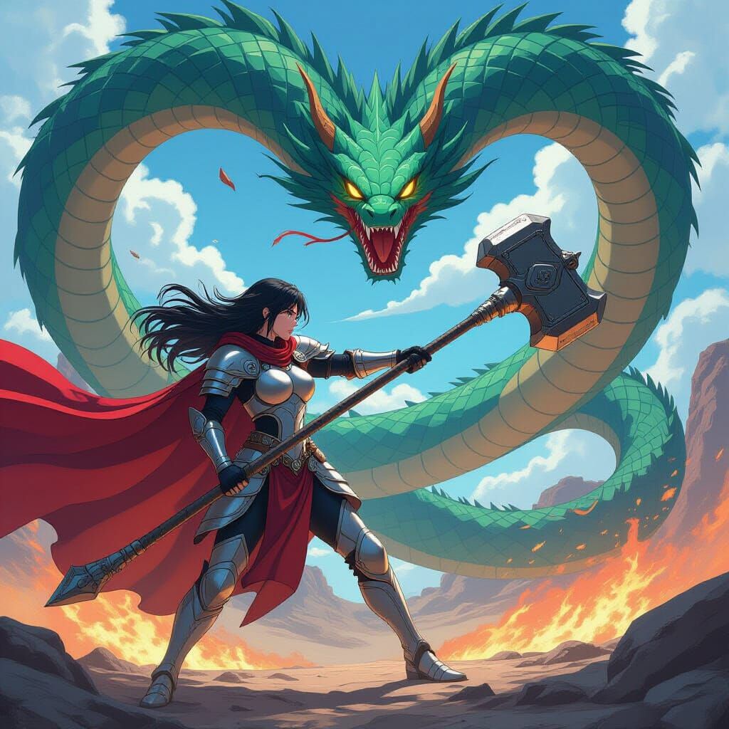 Anime Warrior Battles Serpent in Vibrant Style