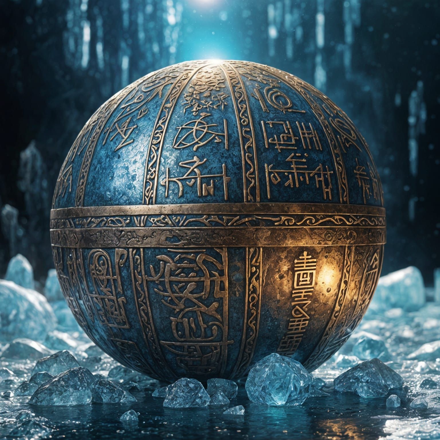 Glowing Bronze Sphere Amidst Ancient Script