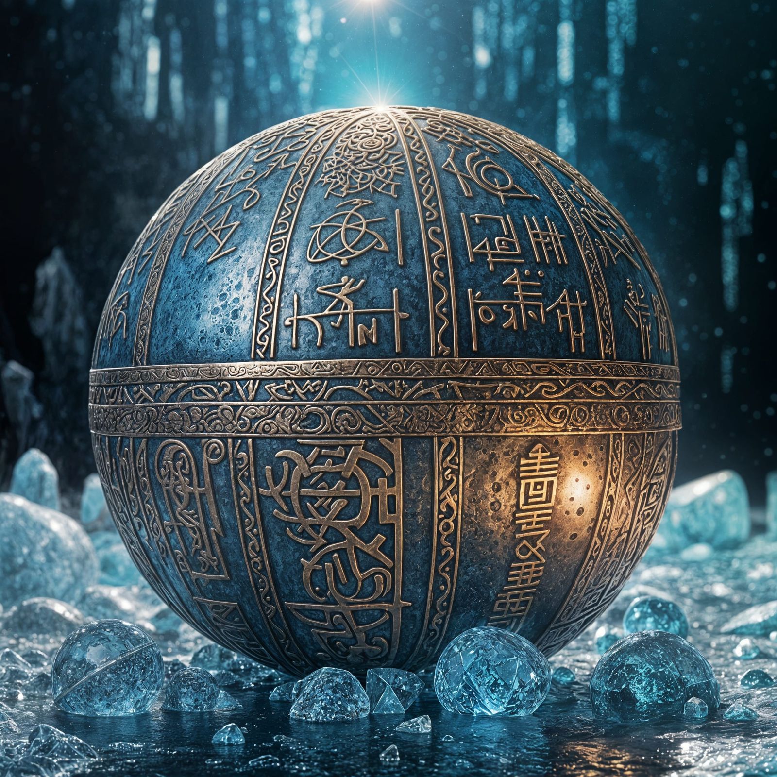 Glowing Bronze Sphere Amidst Ancient Script