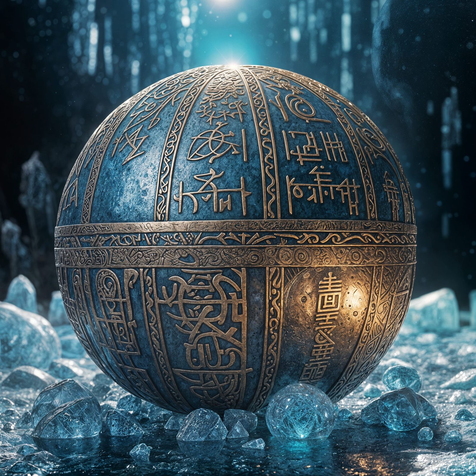 Glowing Engraved Bronze Sphere on Ice Crystals