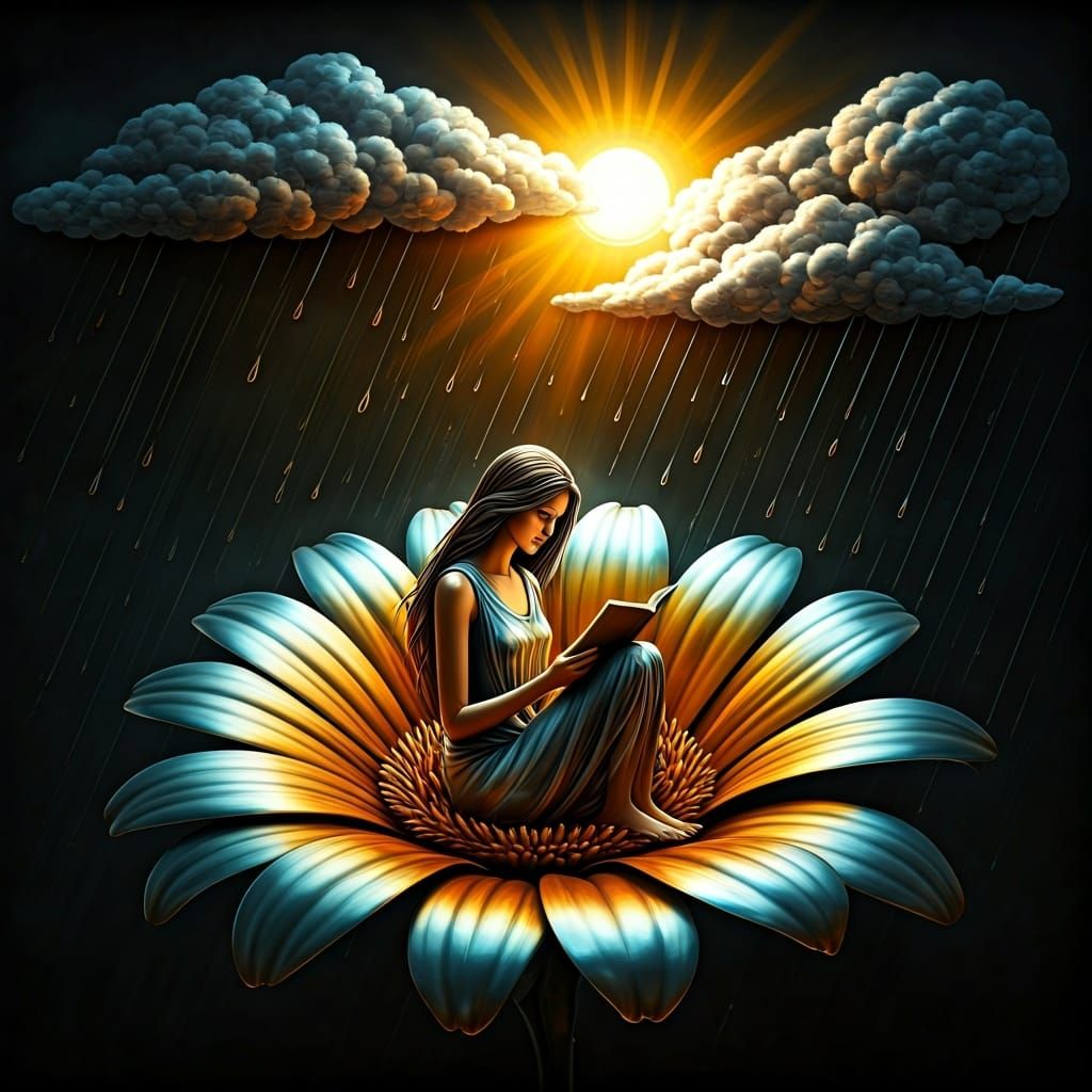 Woman Reading in Flower, Metal Art Serenity