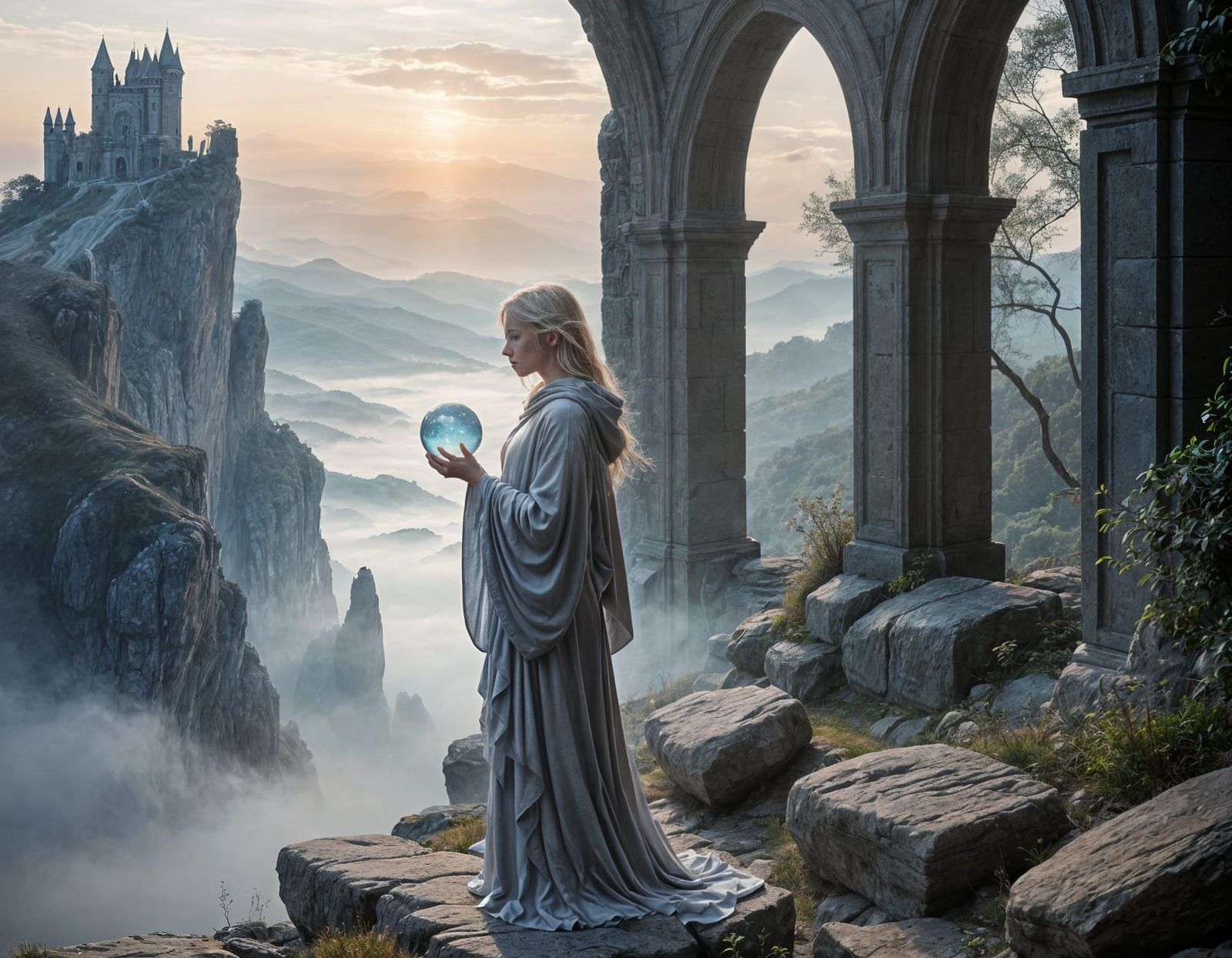 Ethereal Seer with Orb Gazing at Distant Gateway