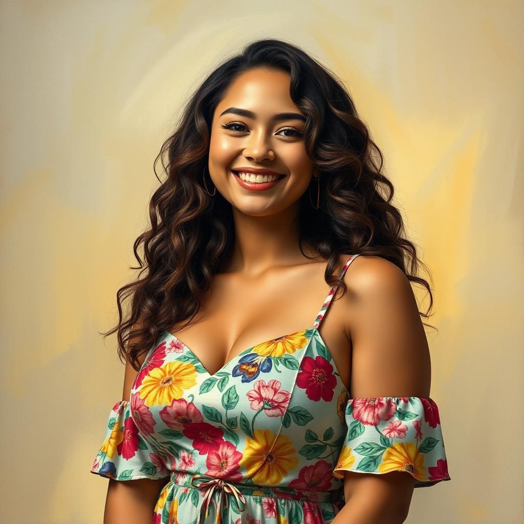 Curvy Woman in Floral Dress, Impressionist Style