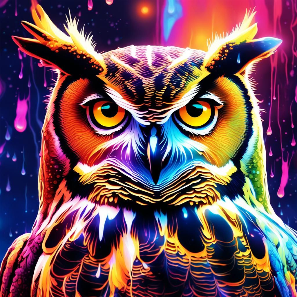Retrofuturistic Owl with Liquid Body and Neon Kintsugi