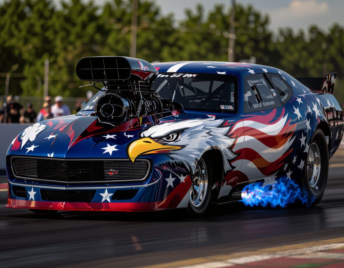 Patriotic Dragster Speeds Down Strip in Golden Hour