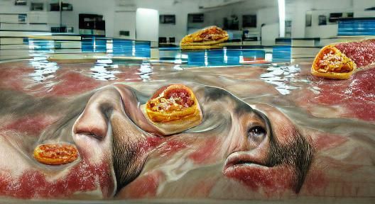 Swimming Pool Overflowing with Pizza Slices
