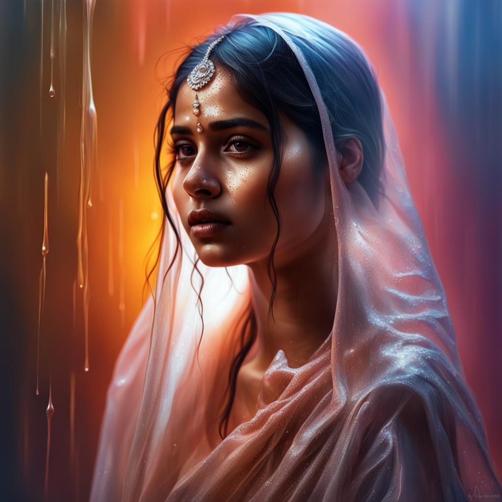 Hyperrealistic Indian Girl in Wet Sari