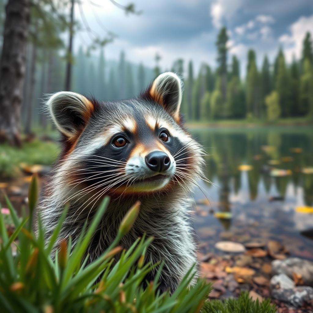Raccoon's Lakeside Discovery: An Enchanting Forest Illusion