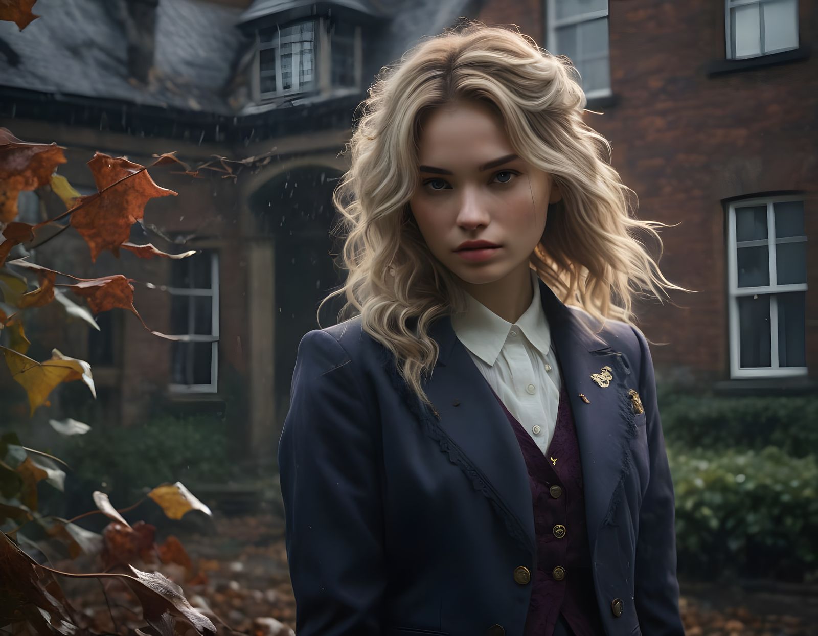 Vintage Schoolgirl Portrait in Dramatic Autumn Light