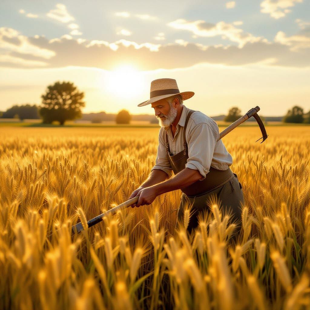 Peasant Farmer toiling in Golden Wheat Field