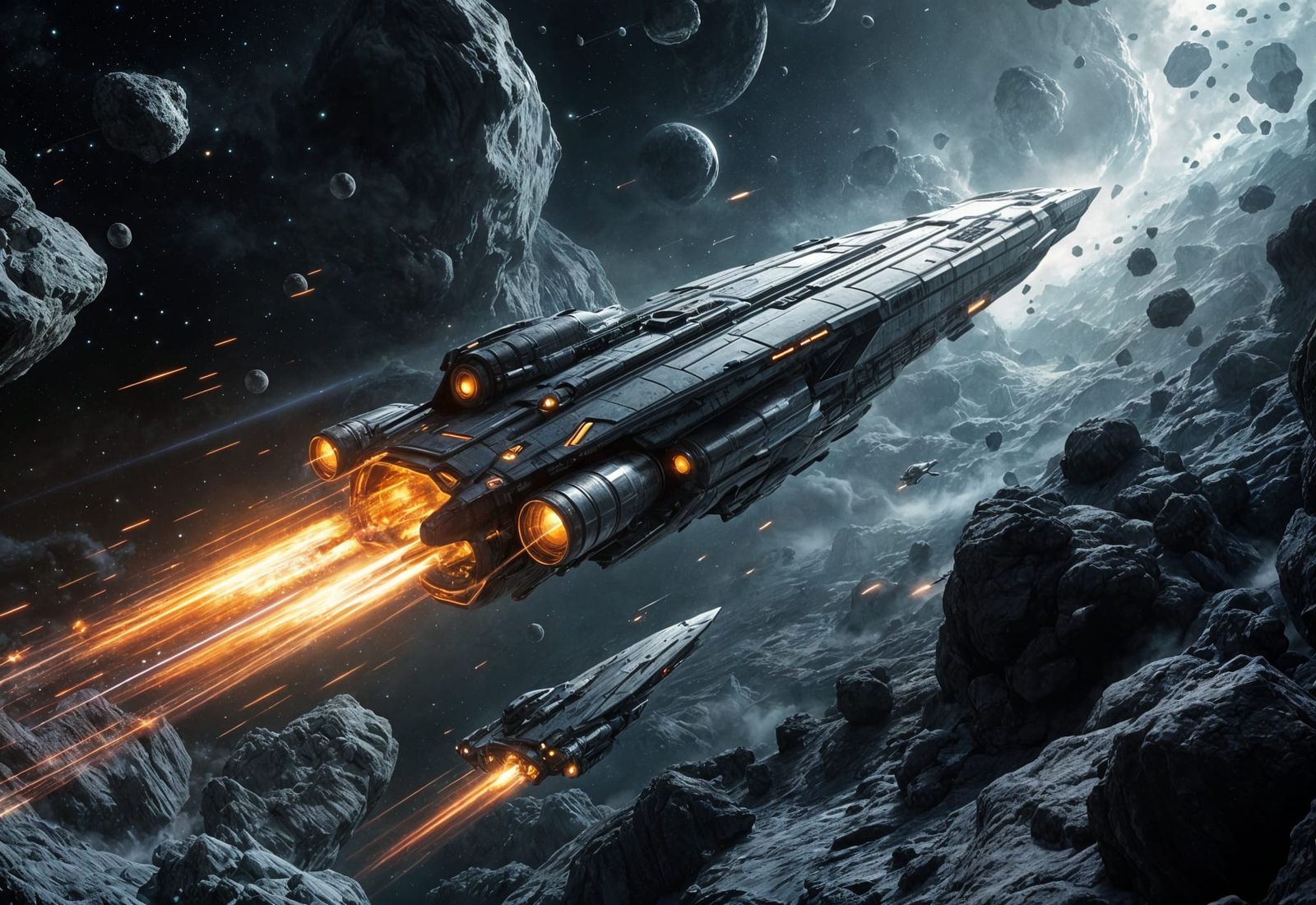 Sci-Fi Spaceships Race Through Asteroid Field