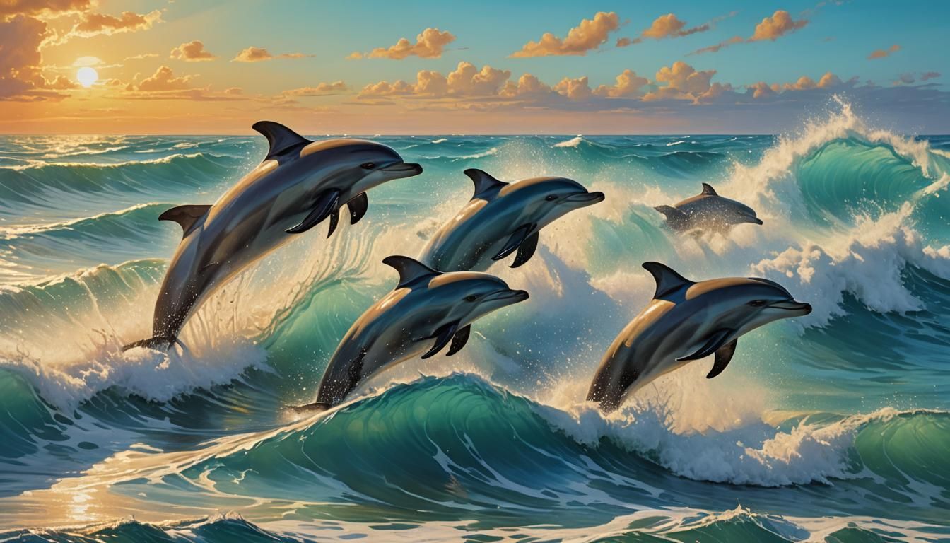 Vibrant Dolphins Leaping in Turquoise Ocean Waves
