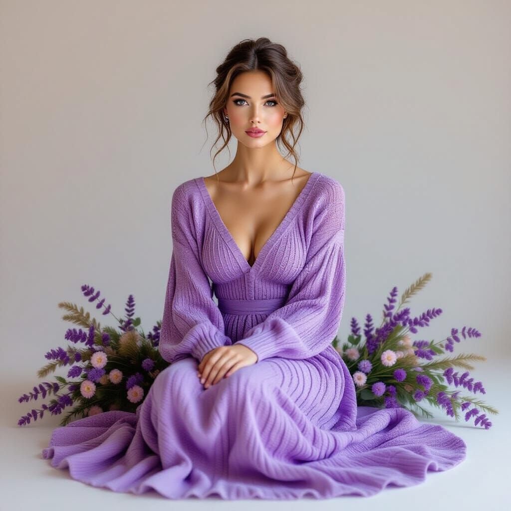 Elegant Woman in Purple Dress Holding Heather, Hyperrealisti...