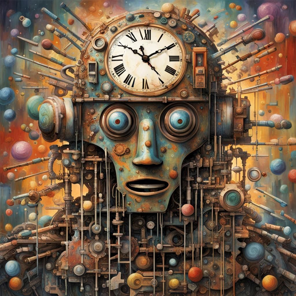 Clockwork Robot Head with Broken Gears, Digital Art