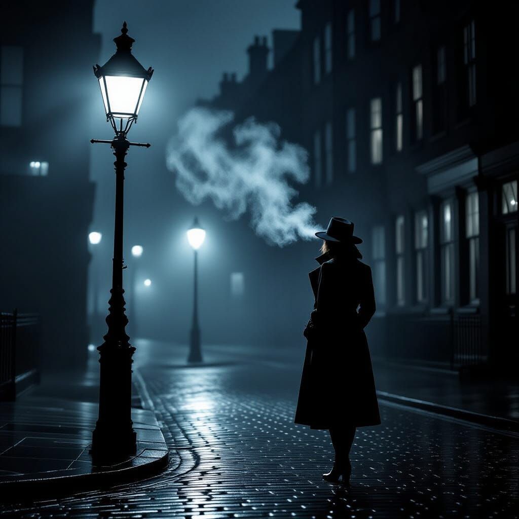 Detective in Foggy Victorian City Under Gaslight