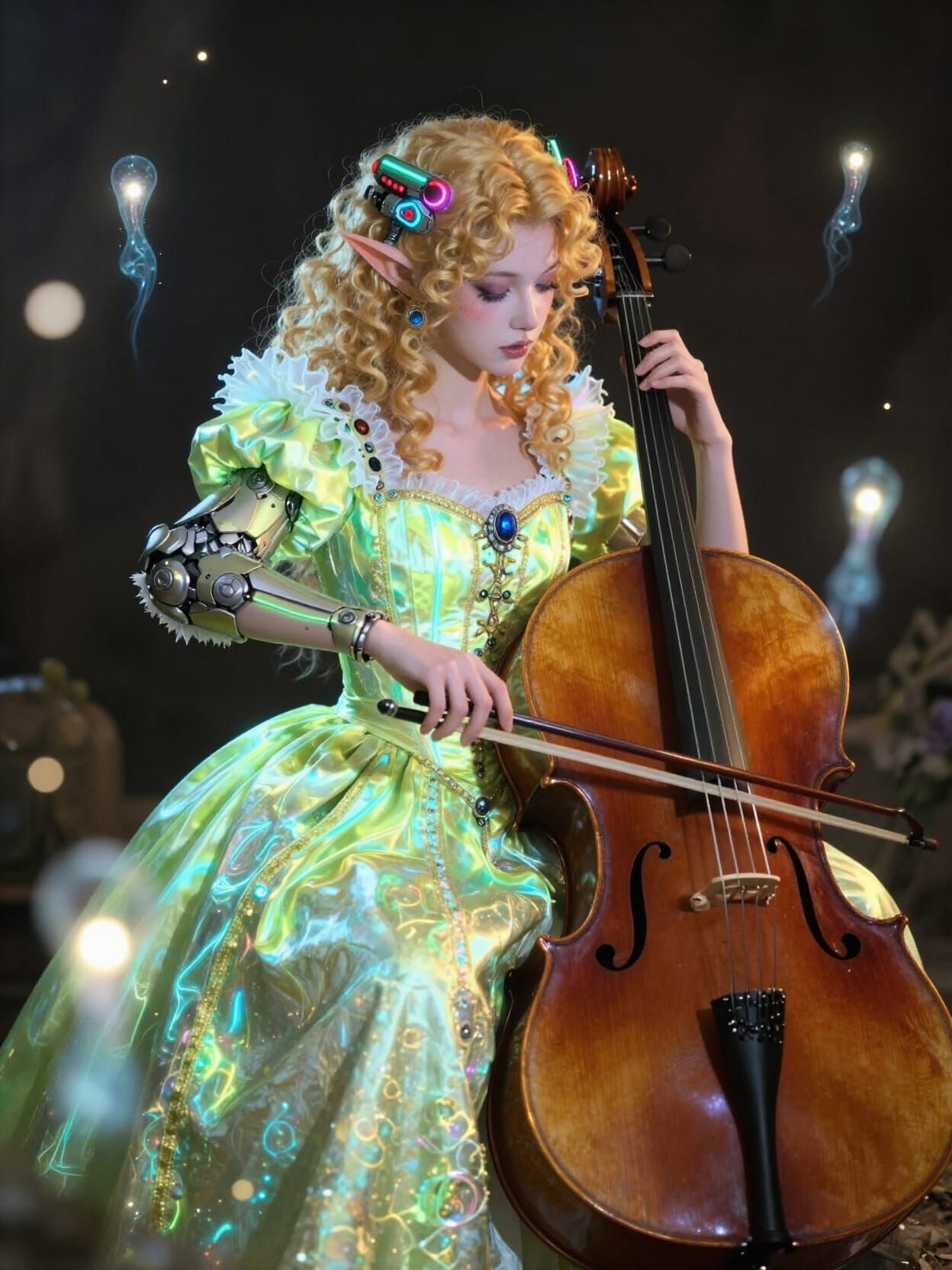 Cyberpunk Elf Musician in Neon Renaissance Gown