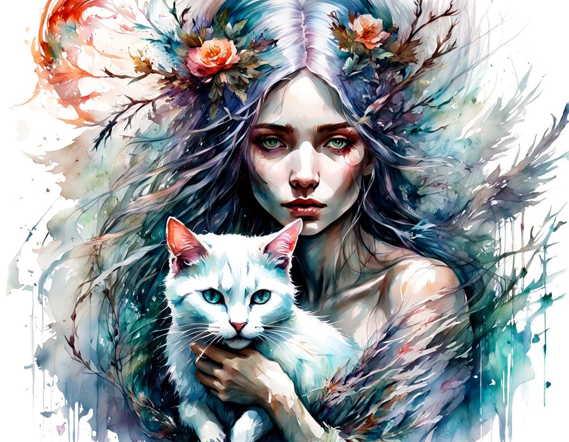 White Witch and Cat in Expressive Watercolour Style