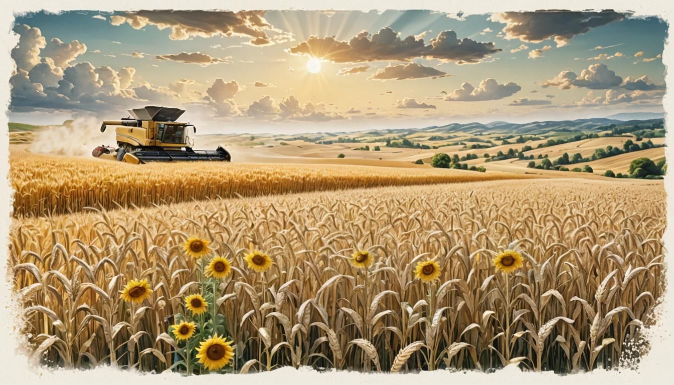 Combine Harvester in Golden Wheat Field