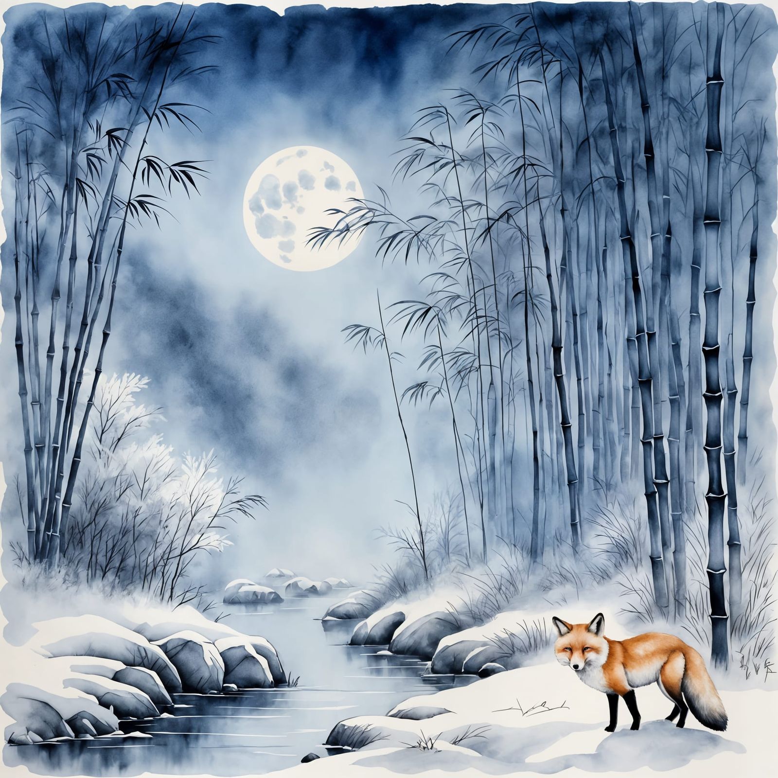 Silent Fox in Moonlit Bamboo Grove