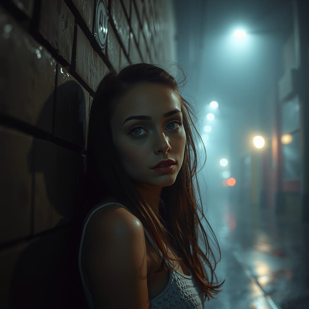 Noir Portrait of Woman in Foggy Alley
