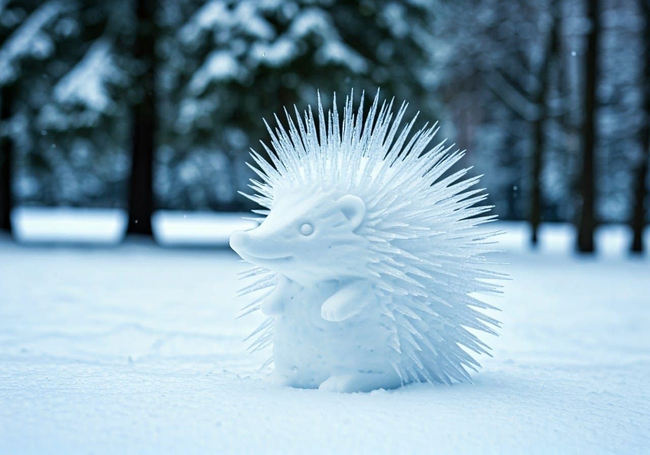 Surreal Winter Wonderland Hedgehog Sculpture in Photorealist...