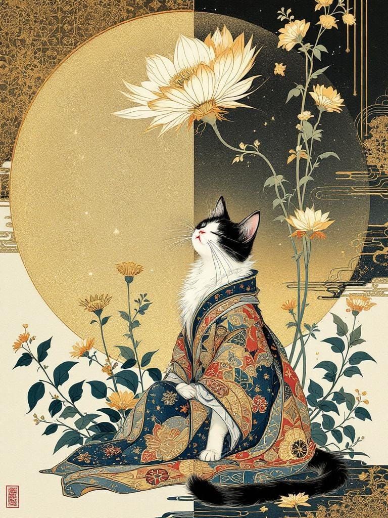 Cat Under Flower in Jewel-Toned Illustration Style