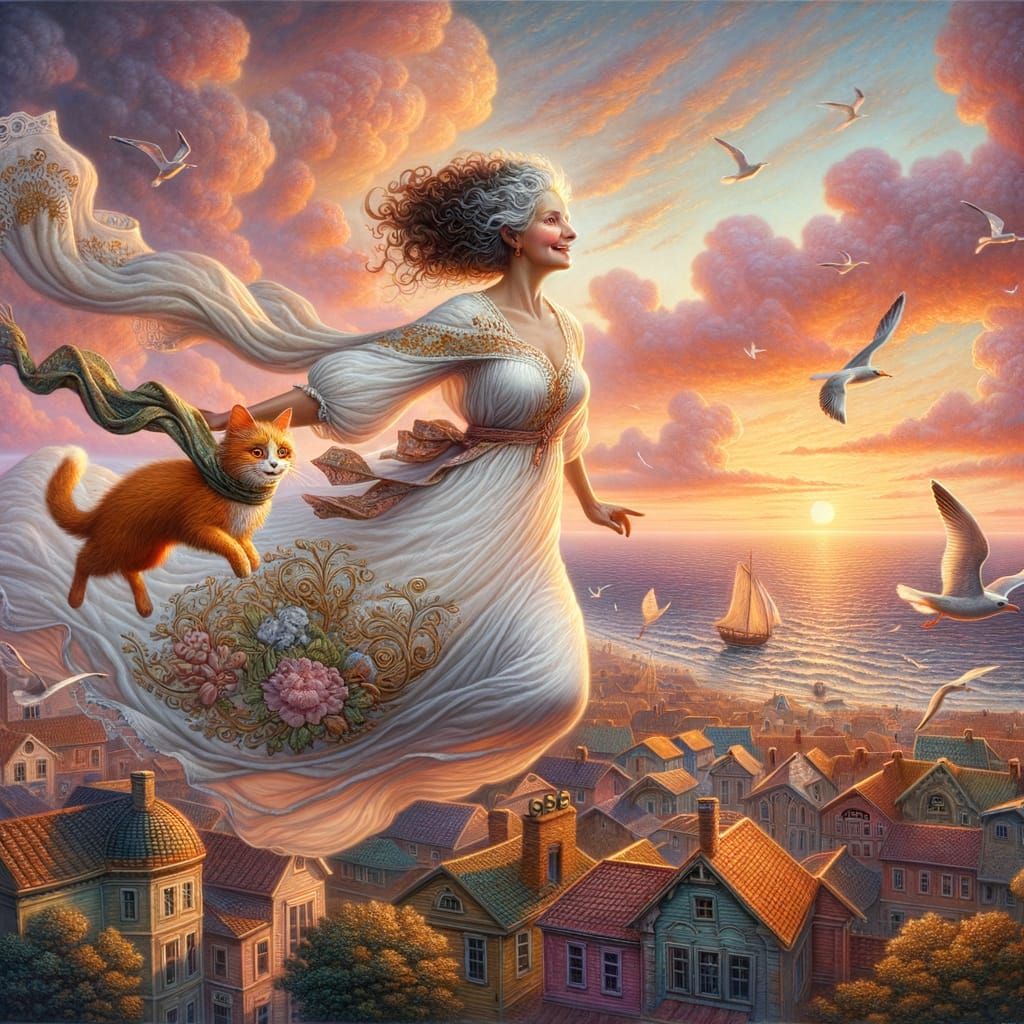 Whimsical Ghibli-Inspired Old Woman Soars Over Idyllic Coast...