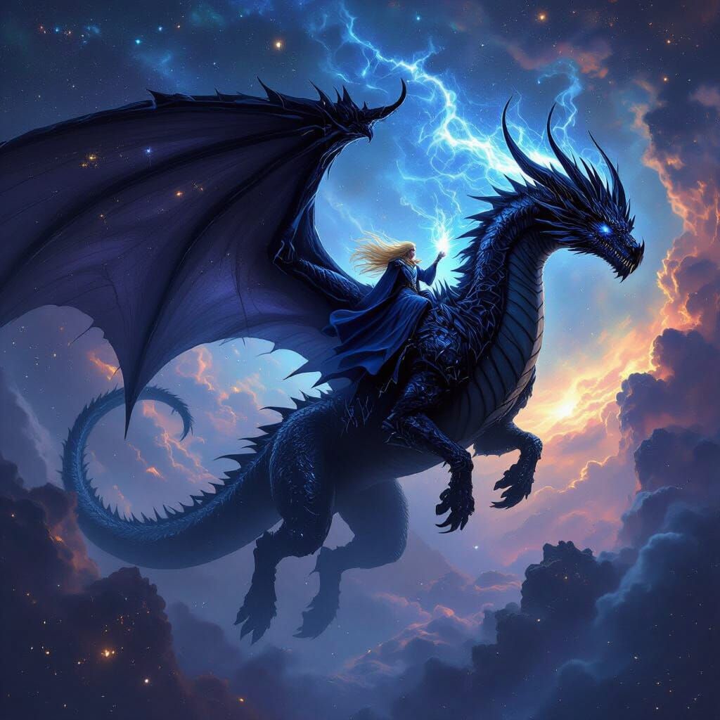 Colossal Black Dragon with Wizard in Cosmic Nebula