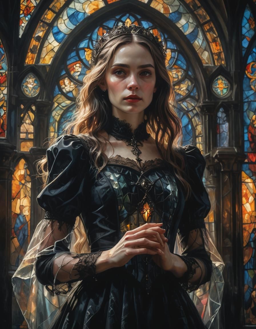 Gothic Oil Painting of Woman in Black Dress