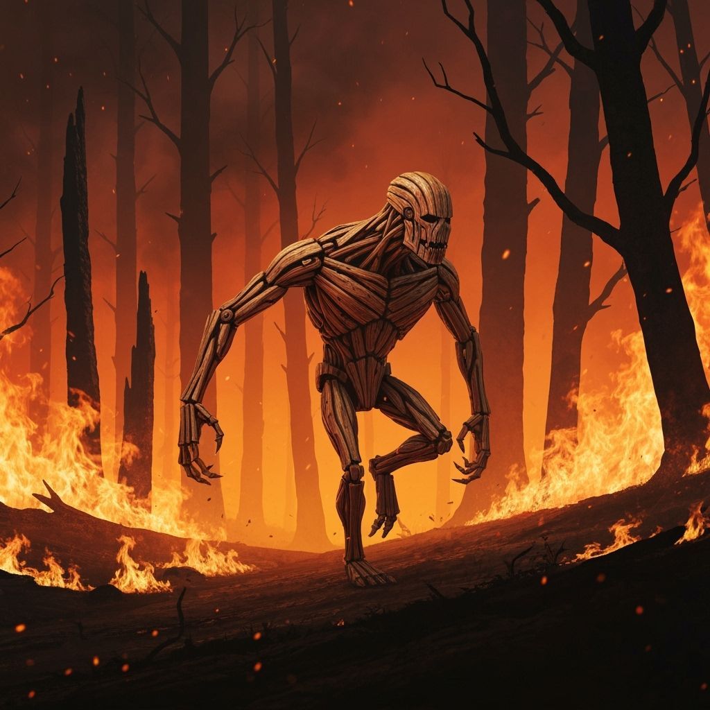 Wooden Monster Runs Through Burning Forest