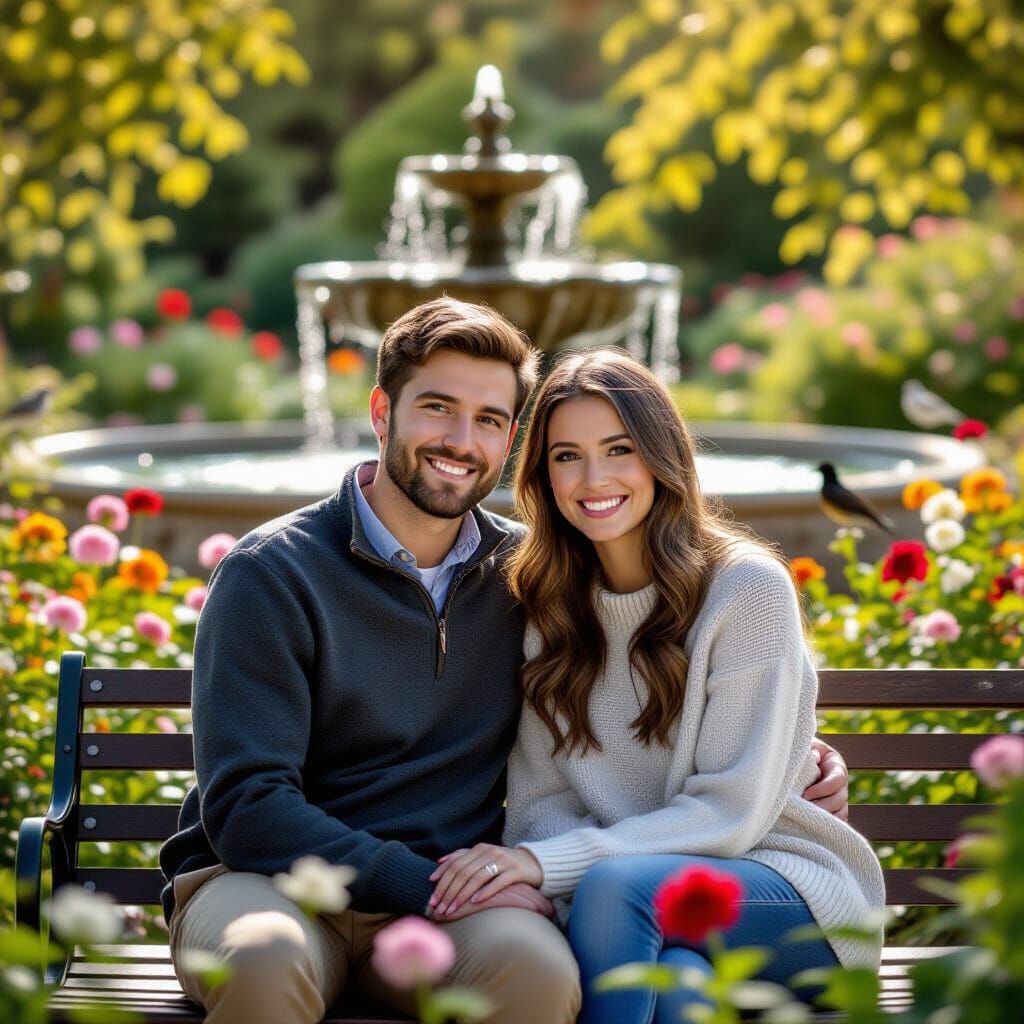 Couple in Lush Garden with Fountain, Dreamy Lighting