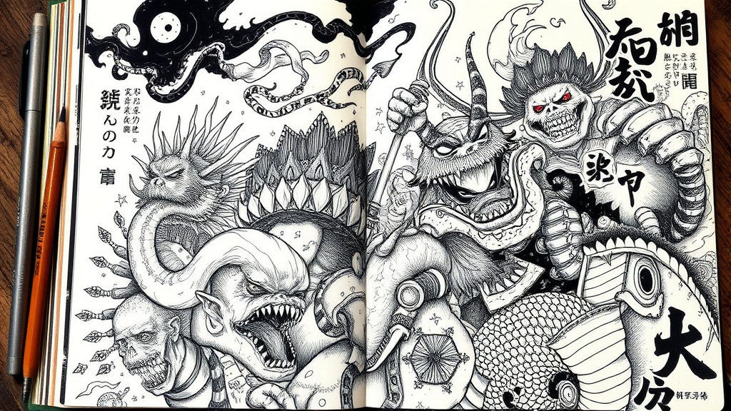 Japanese Monsters and Calligraphy Doodle in Gothic Ink