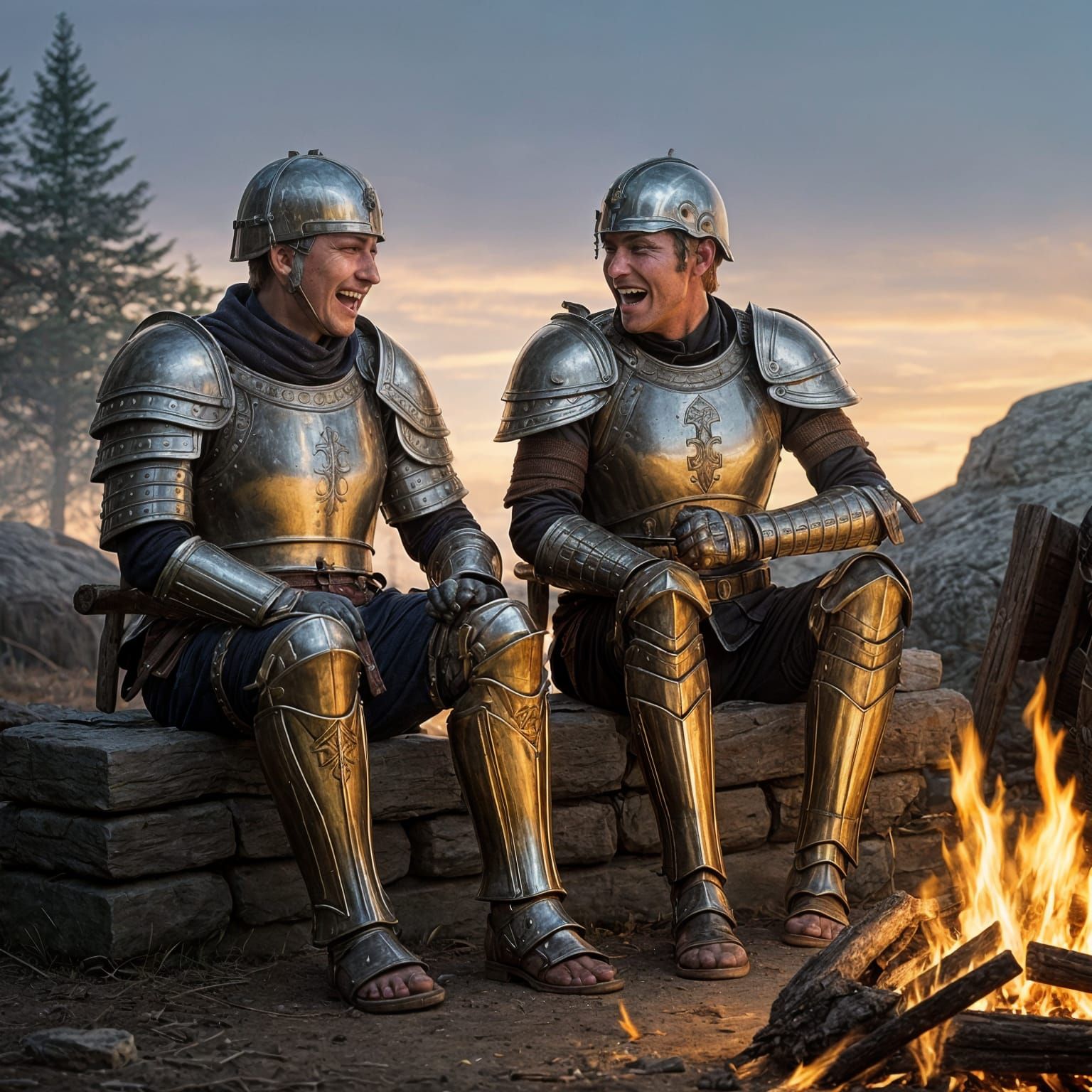 Two Roman legionaries wearing armor and laughing by a fire w...
