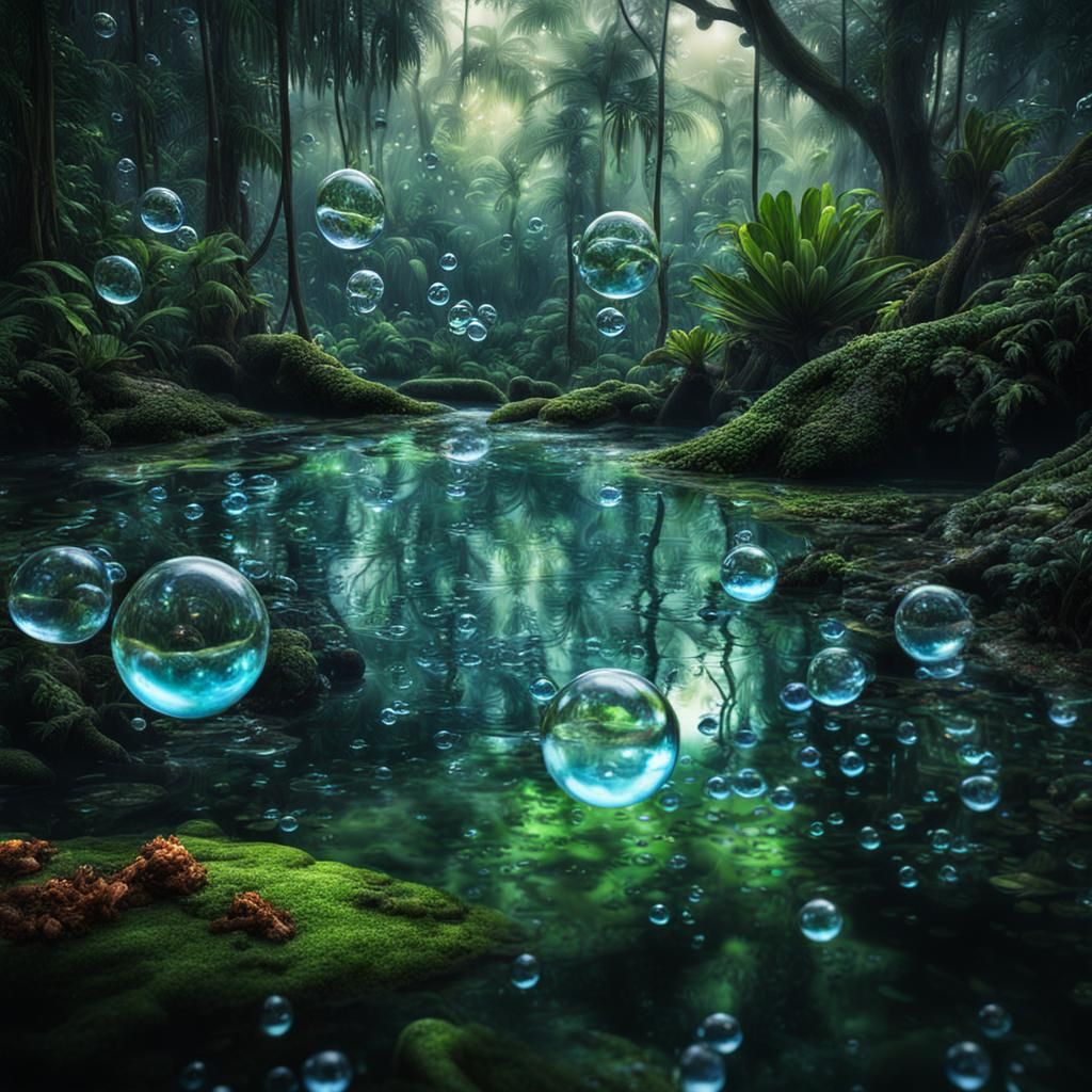 Hyperrealistic Rainforest Lagoon Inside Bubbles