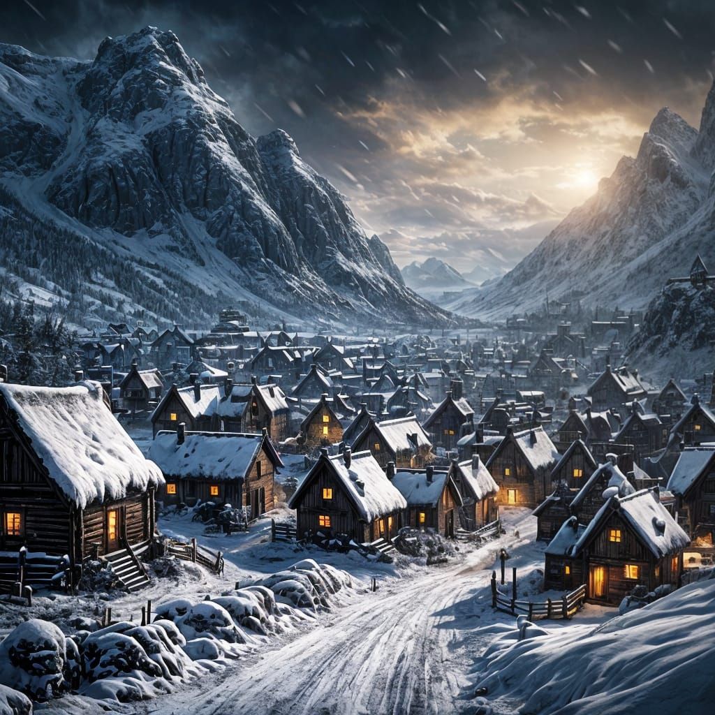 Dark Fantasy Nordic Viking Village in Winter