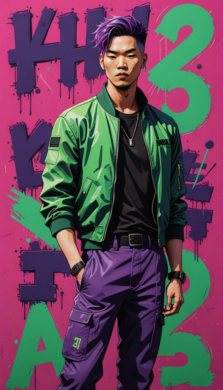 Confident Young Man in Vibrant Attire, Inspired by Syd Mead...