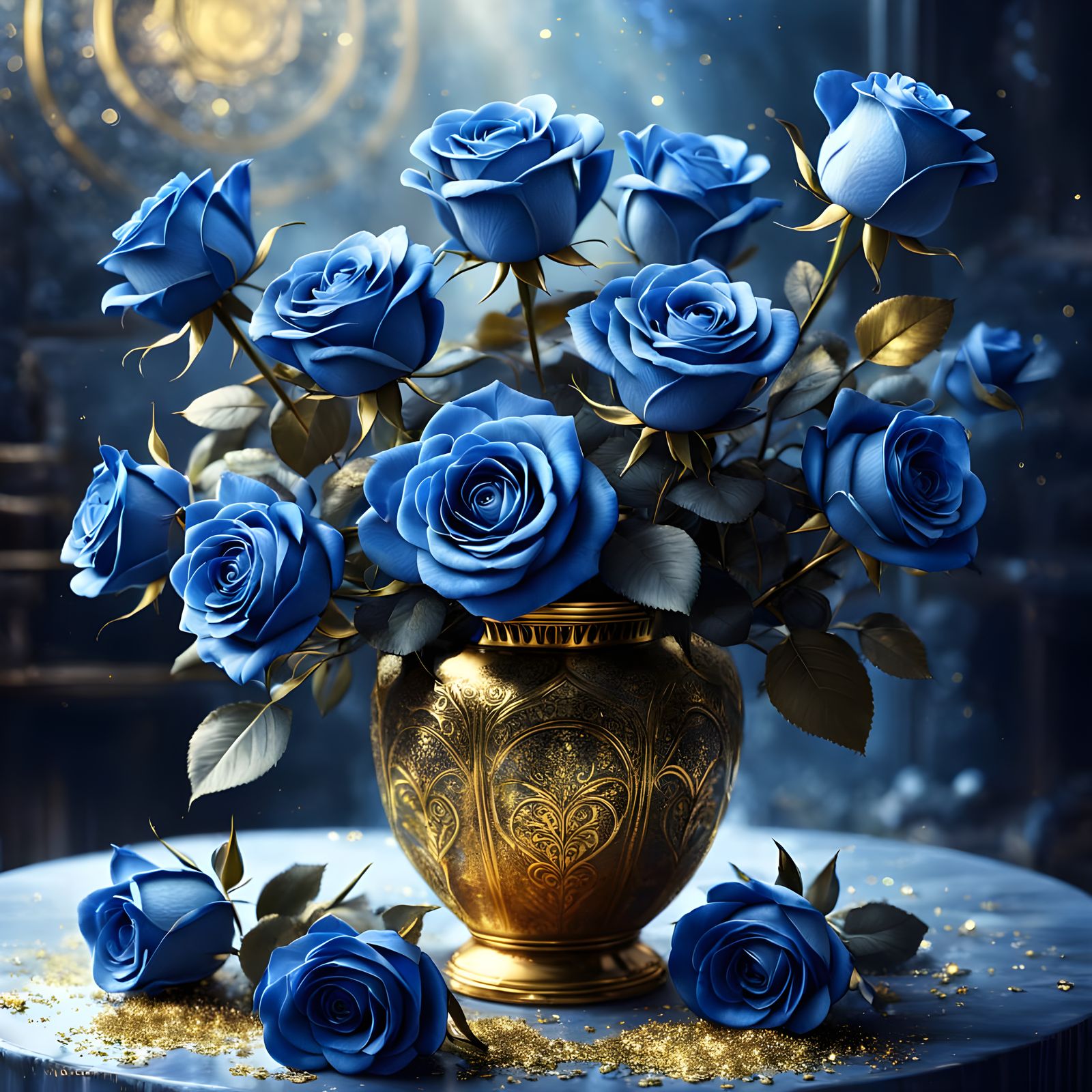 Blue Roses in a Golden Vase: Epic Digital Painting