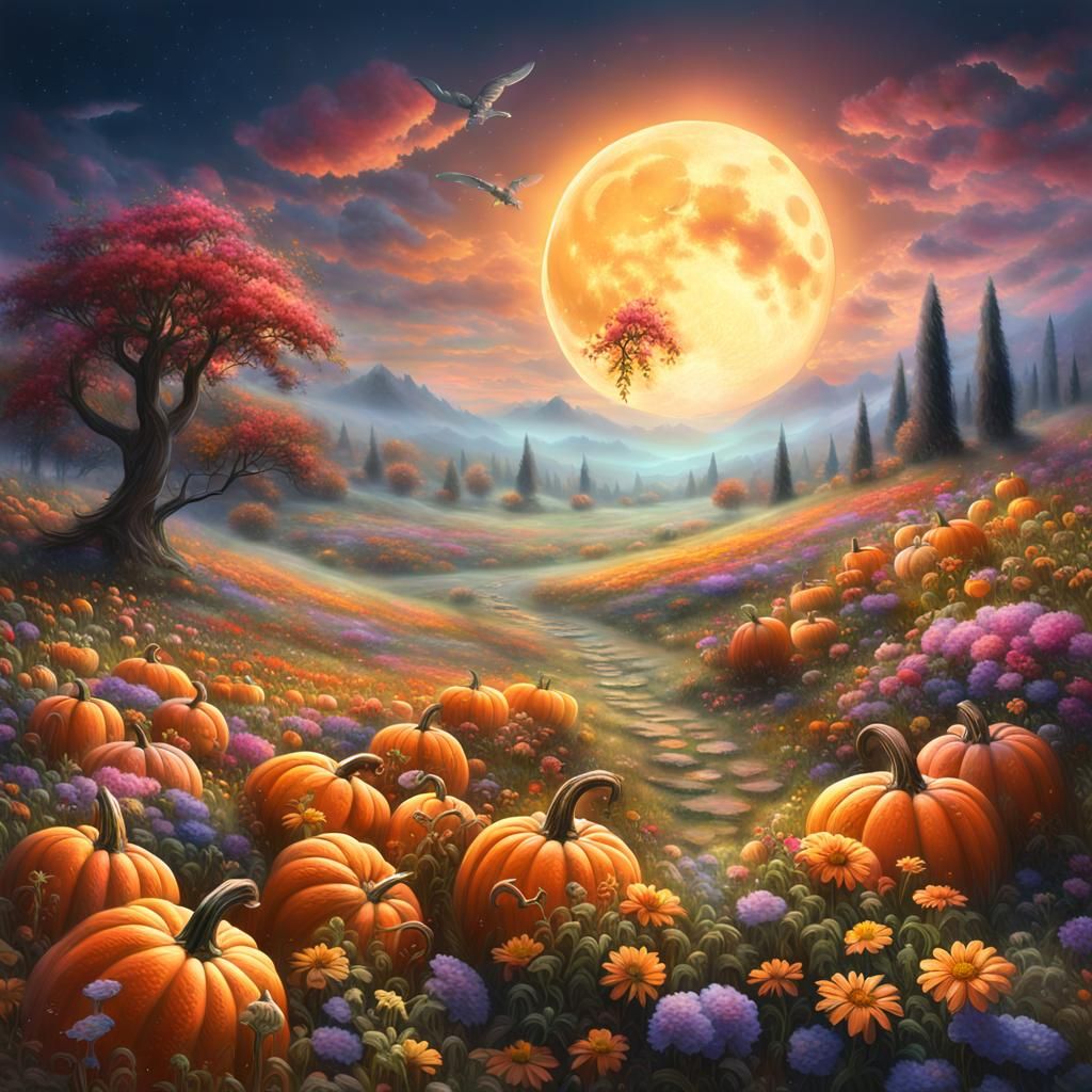 Fantasy Pumpkins Meadow Under a Luxurious Moon