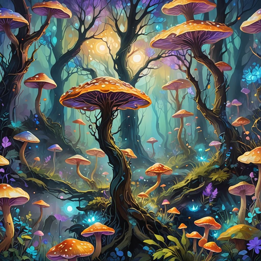 Mystical Glowing Tree in Expressionist Fantasy Landscape