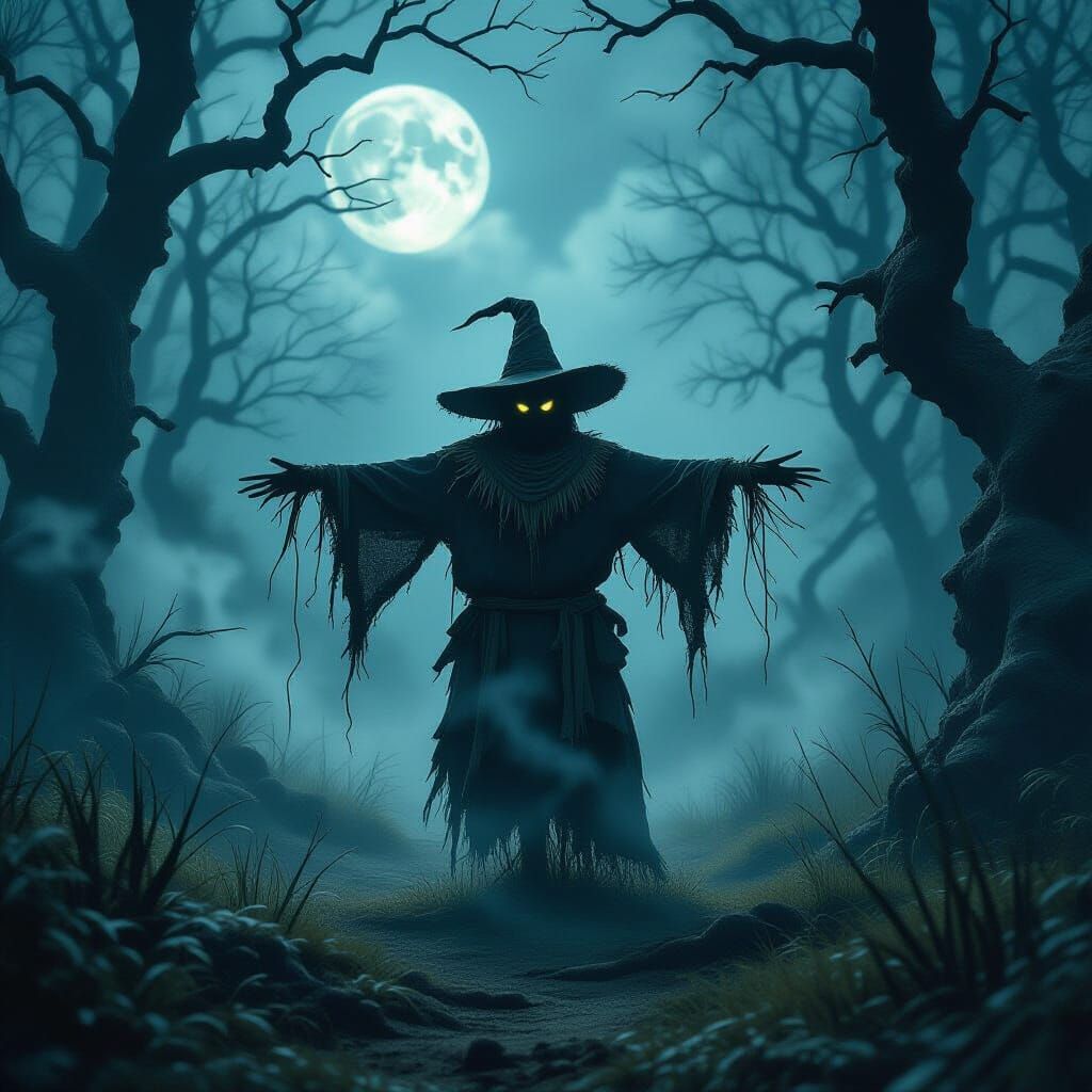 Enchanted Forest Scarecrow in Moonlit Mystery