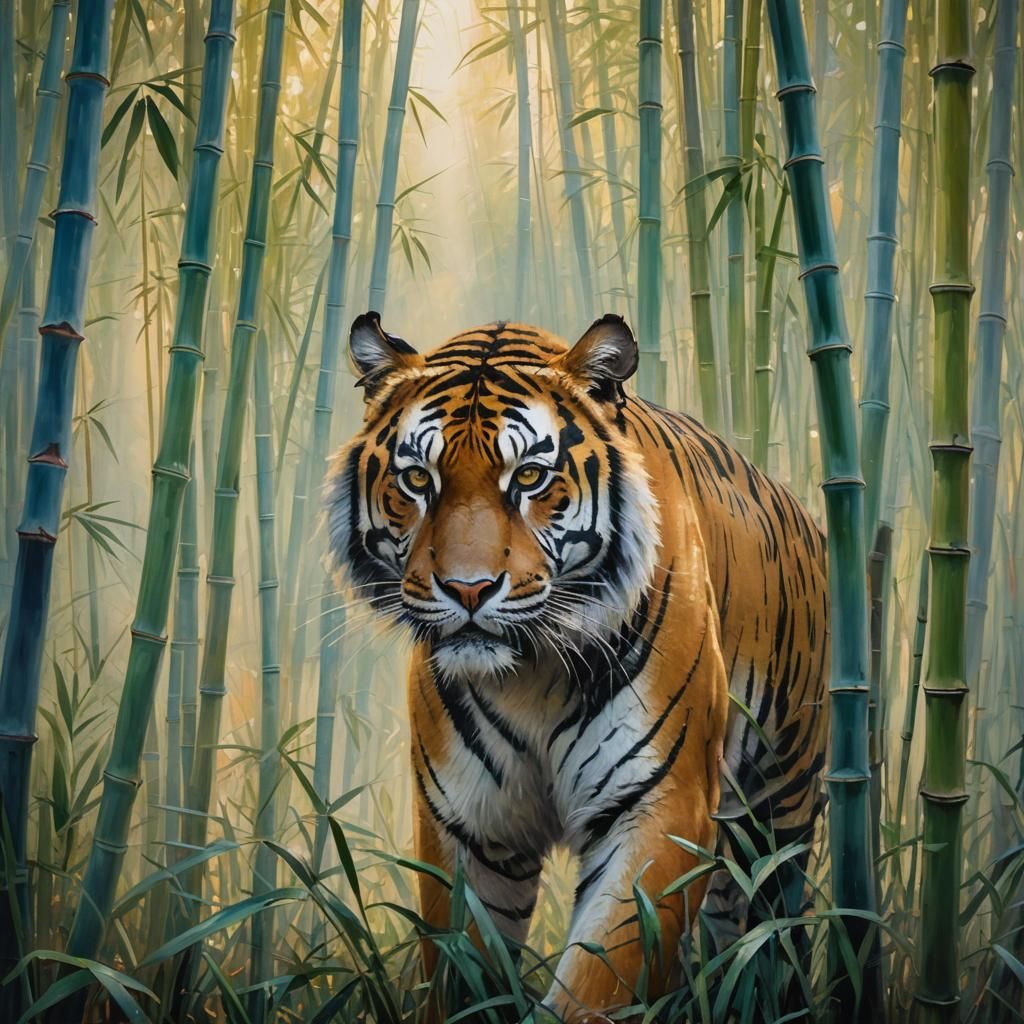 Tiger in Bamboo Forest: Impressionist Acrylic Painting
