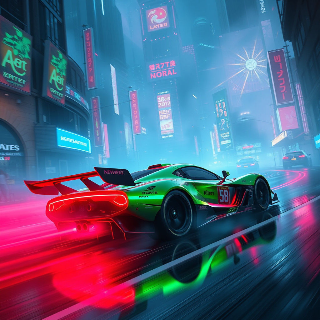 Neon Race Car in Cyberpunk Cityscape