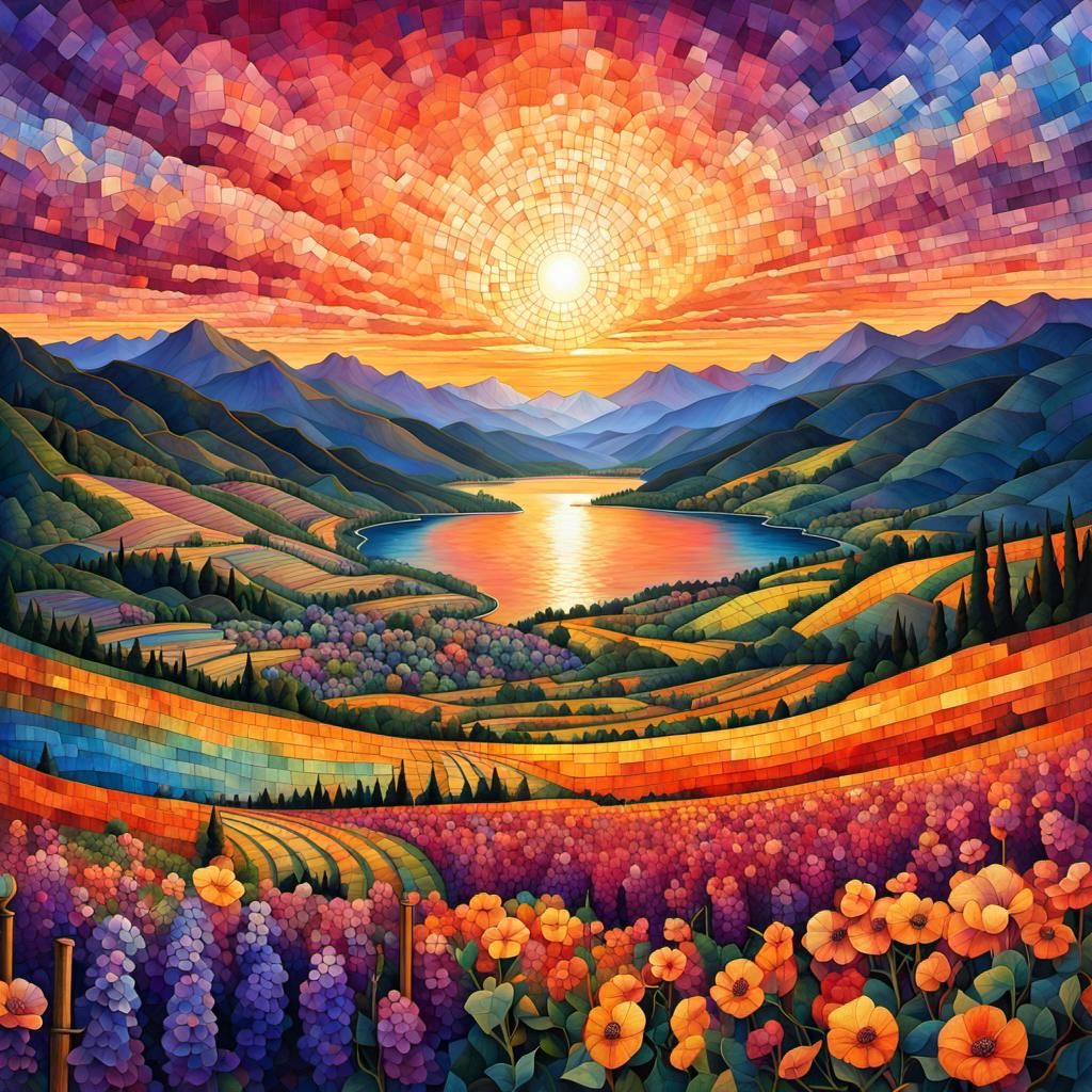 Colorful Digital Landscape with Mosaic Sky