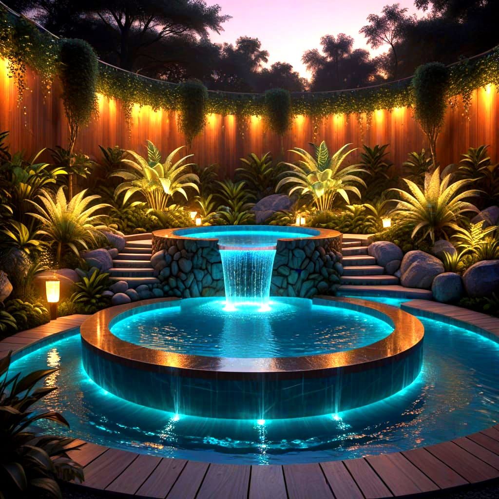Luxurious Spa Pool With Double Waterfall At Sunset