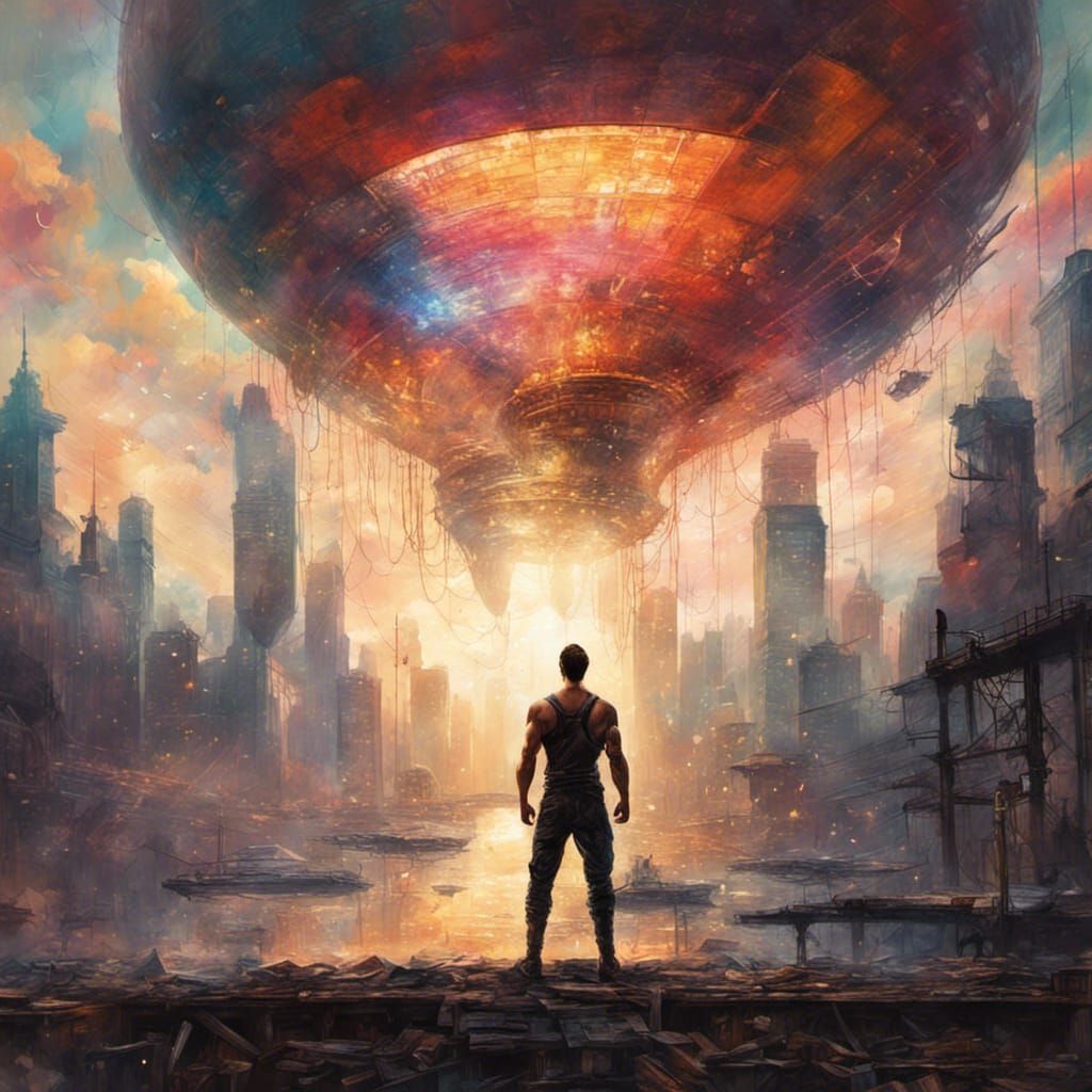 Impressionistic Hero in Dystopian City with Airship