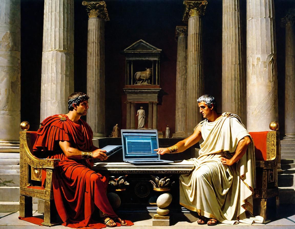 Ancient Roman Senators Viewing Laptop